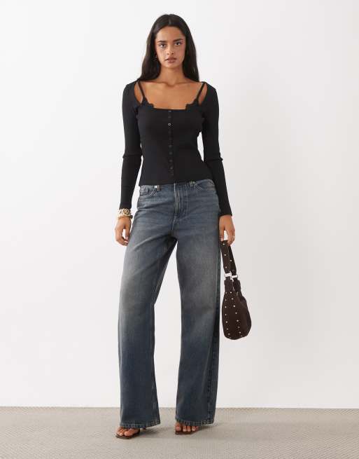 ASOS DESIGN sculpting rib button through top with lace underlayer in black, 2 of 4