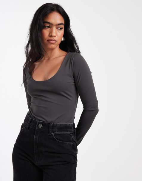 ASOS DESIGN sculpting scoop neck long sleeve bodysuit in charcoal - view 1