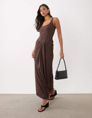 Asos Design Sculpting Slinky Maxi Dress With Sarong Skirt In Brown