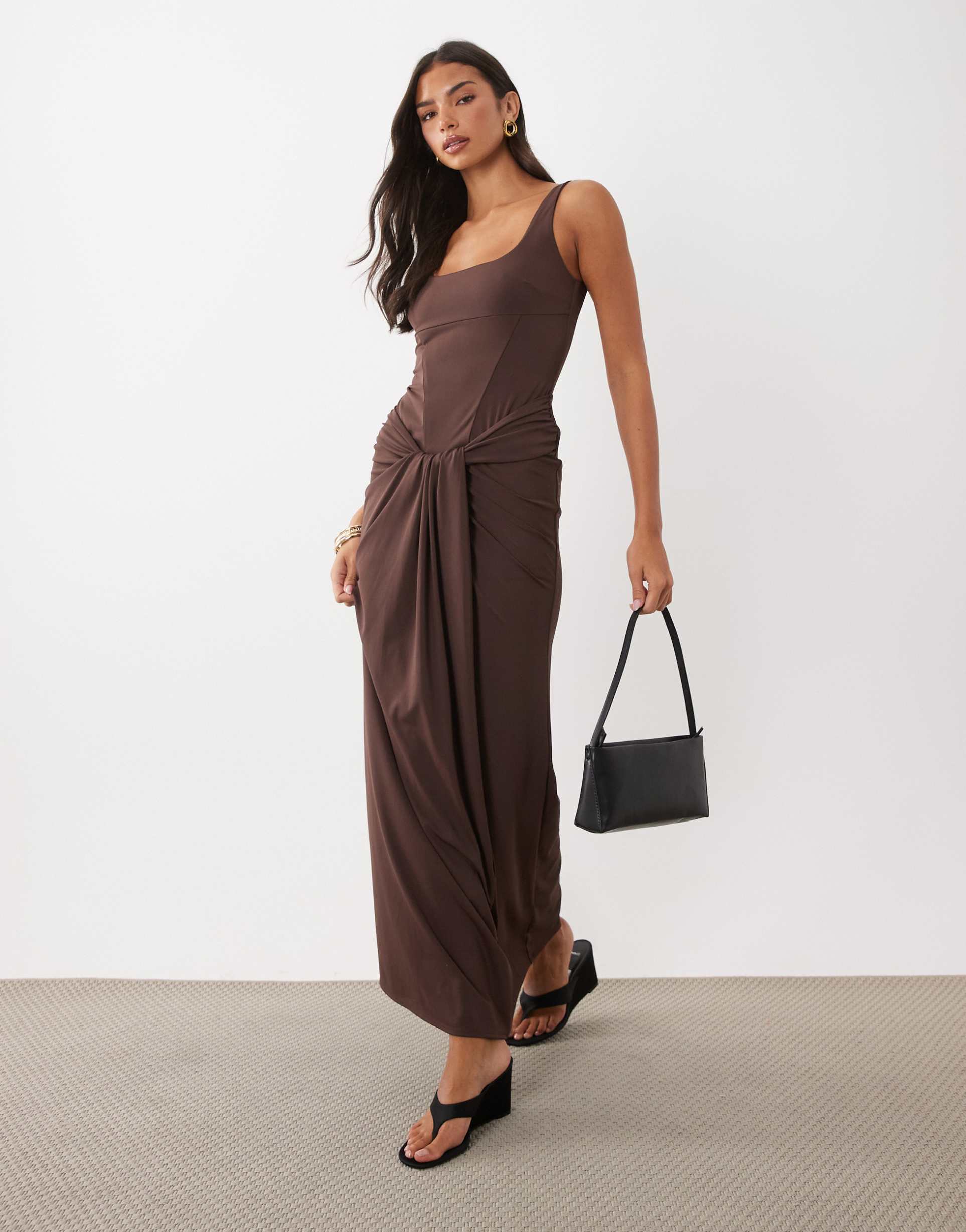 asos design sculpting slinky maxi dress with sarong skirt in chocolate