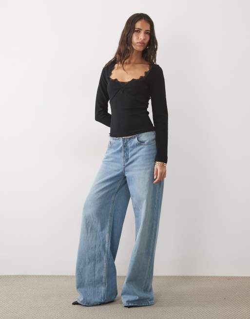 ASOS DESIGN sculpting square neck top with lace trim in black, 2 of 4