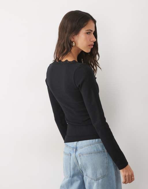 ASOS DESIGN sculpting square neck top with lace trim in black, 4 of 4