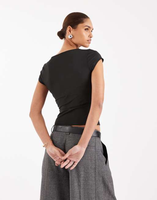 ASOS DESIGN Sculpting v neck short sleeve top in black , 4 of 4