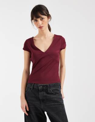Asos Design Sculpting V-neck Short Sleeve Top In Red