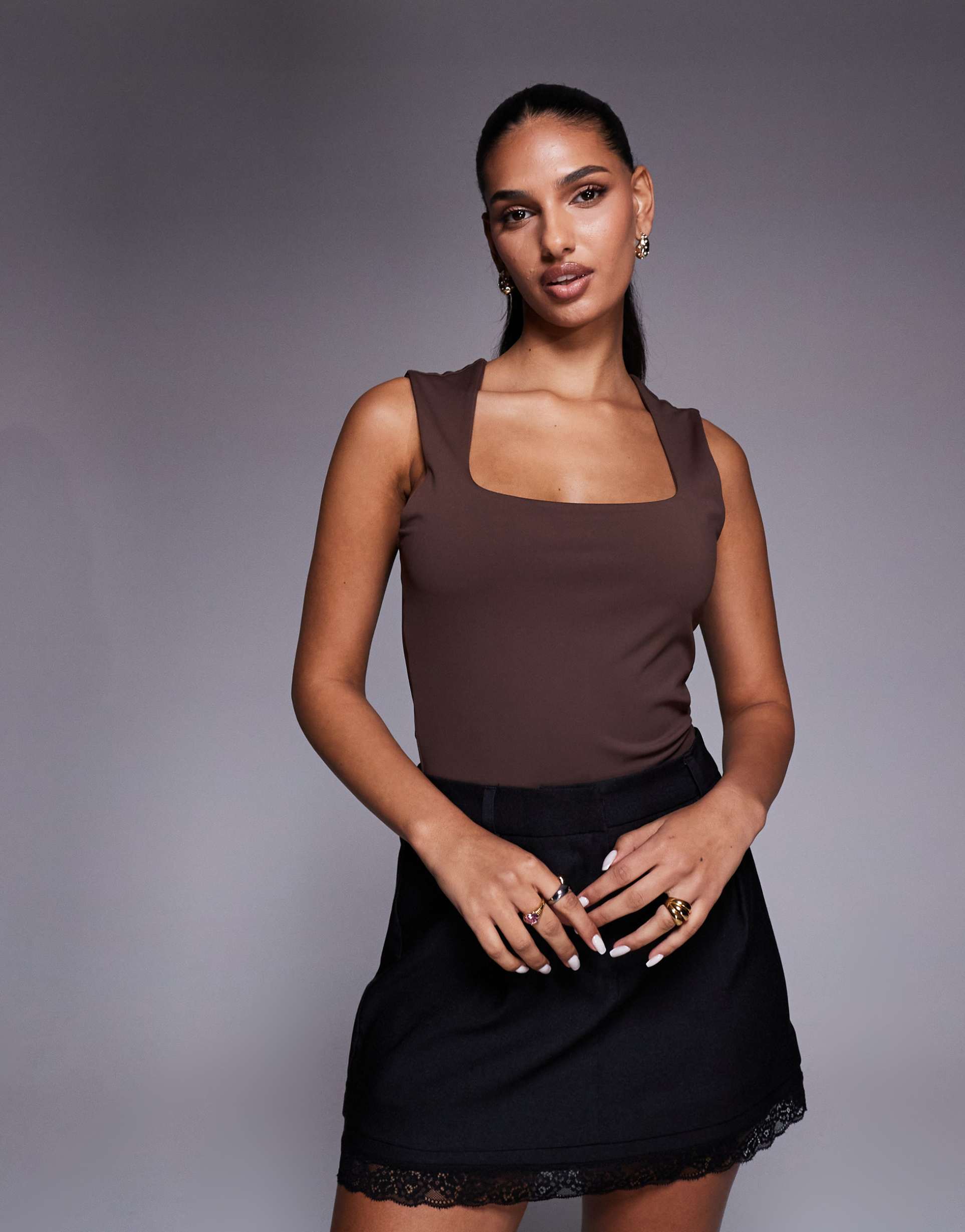 asos design sculpting wide straps tank top in chocolate