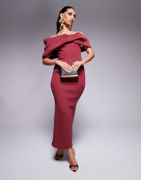 ASOS DESIGN sculptural bardot midi dress with seam detailing in burgundy scuba-style fabric - view 1