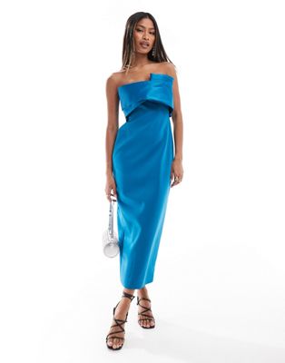 sculptural midi dress with contrast satin bodice in teal-Blue