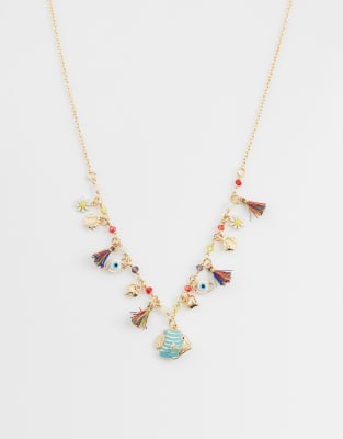 Asos Design Sea-life Charm Necklace With Beaded And Tassel Details In Gold