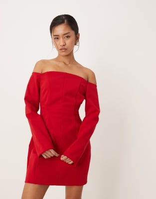 Asos Design Seam Bardot Waited Mini Dress In Red