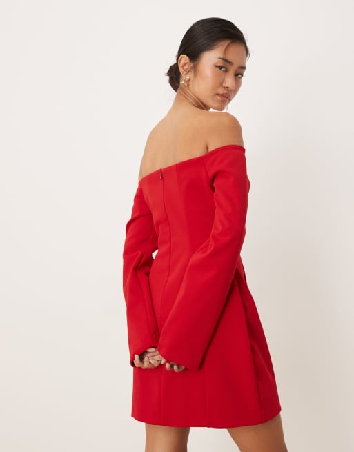 ASOS DESIGN seam bardot waited mini dress in red, 3 of 4
