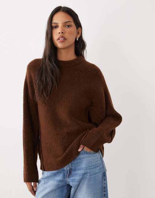 ASOS DESIGN seam detail batwing jumper in chocolate, 3 of 4