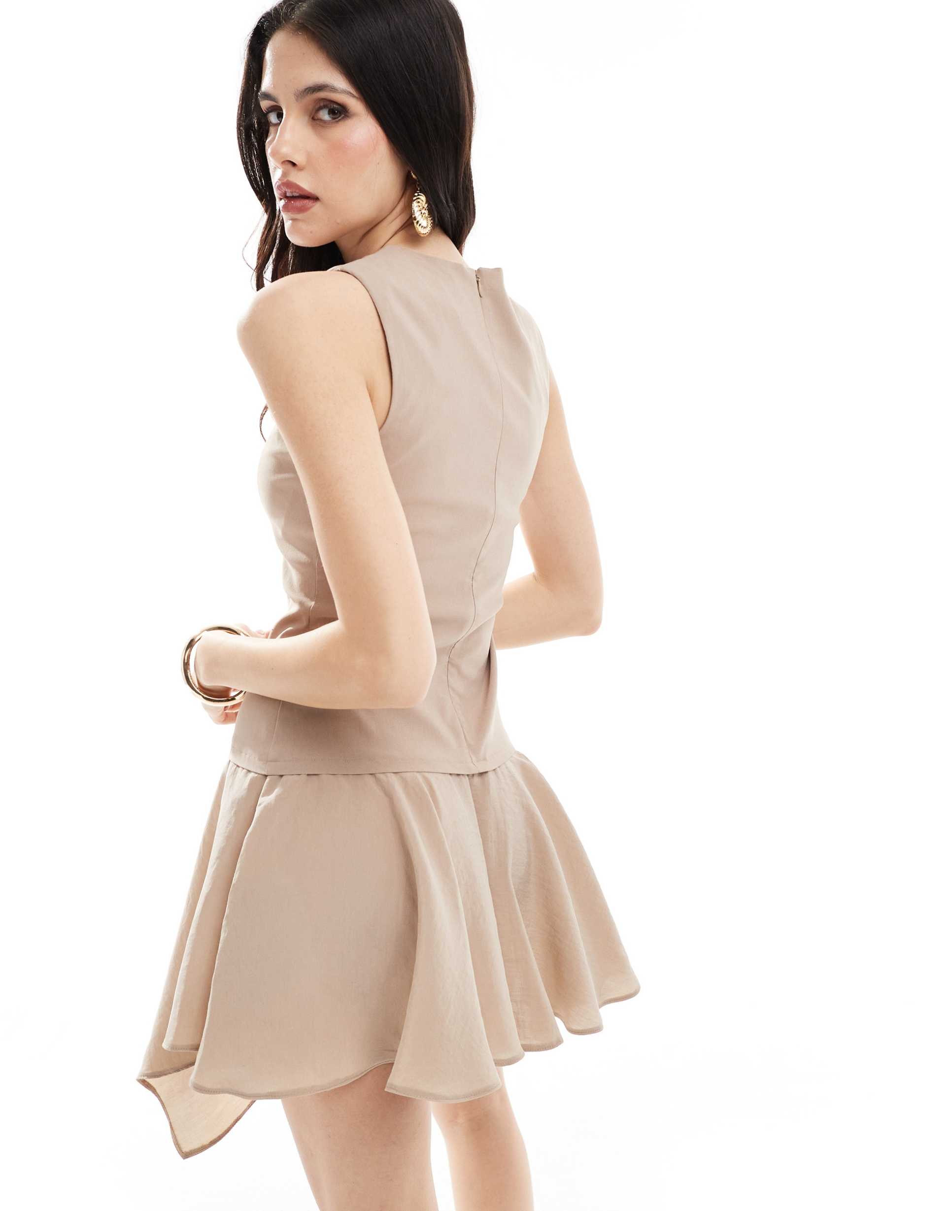 asos design seam detail bengaline mini dress with hanky hem in stone