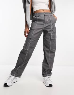 Asos Design Seam Detail Cargo Pants In Gray With Contrast Stitch