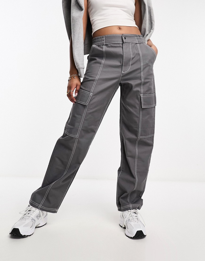 Asos Design Seam Detail Cargo Pants In Gray With Contrast Stitch