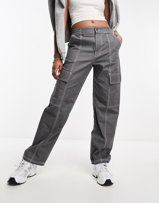 ASOS DESIGN seam detail cargo pants in gray with contrast stitch