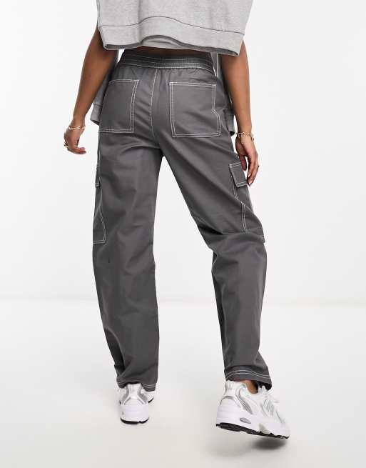 ASOS DESIGN seam detail cargo pants in gray with contrast stitch