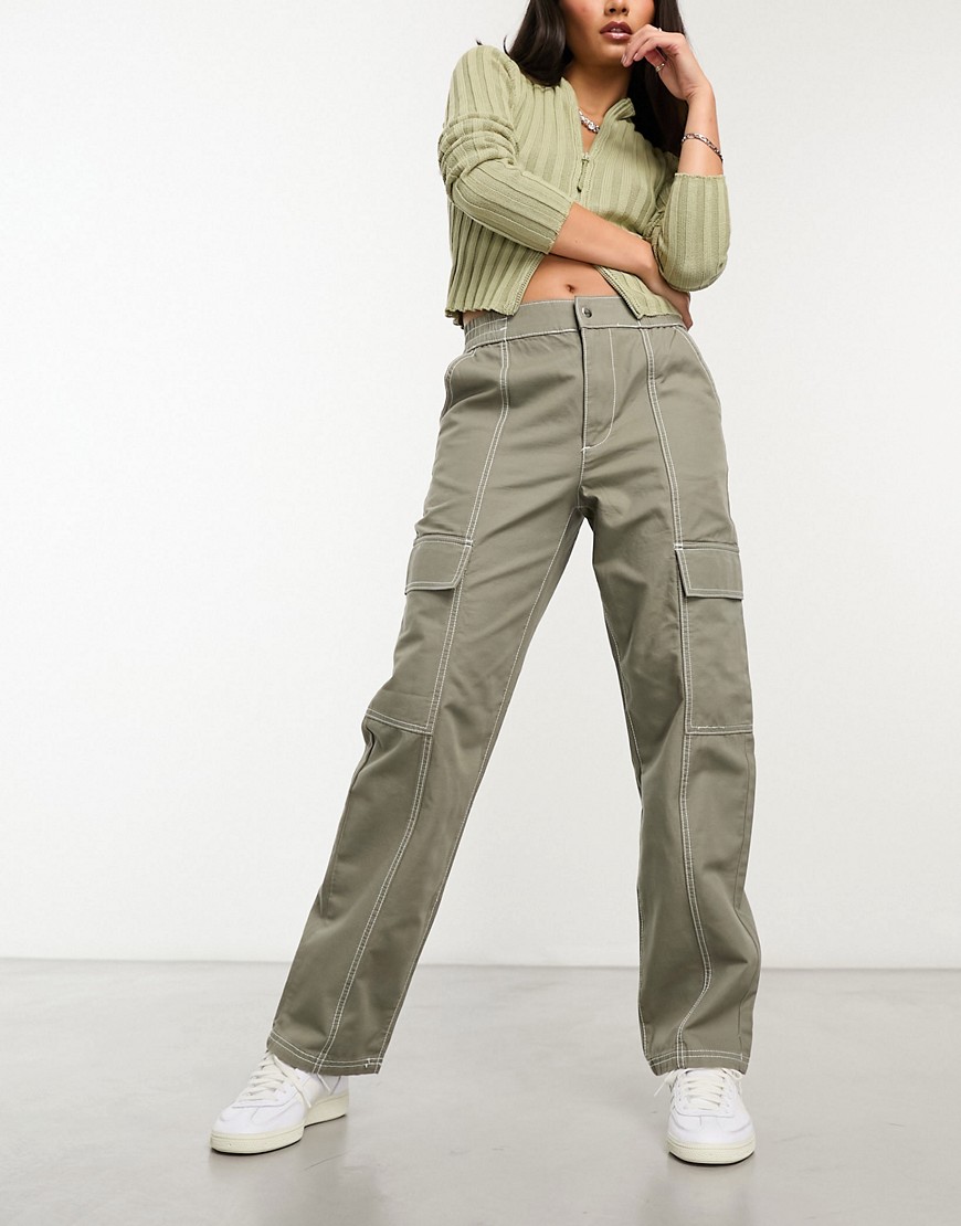 Asos Design Seam Detail Cargo Pants In Khaki With Contrast Stitch-green
