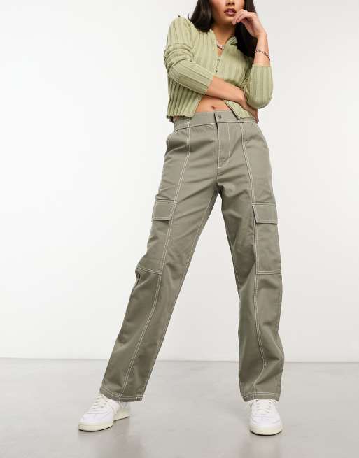 ASOS DESIGN seam detail cargo pants in khaki with contrast stitch