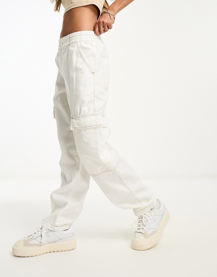 ASOS DESIGN seam detail cargo trouser in ecru with contrast stitch-White
