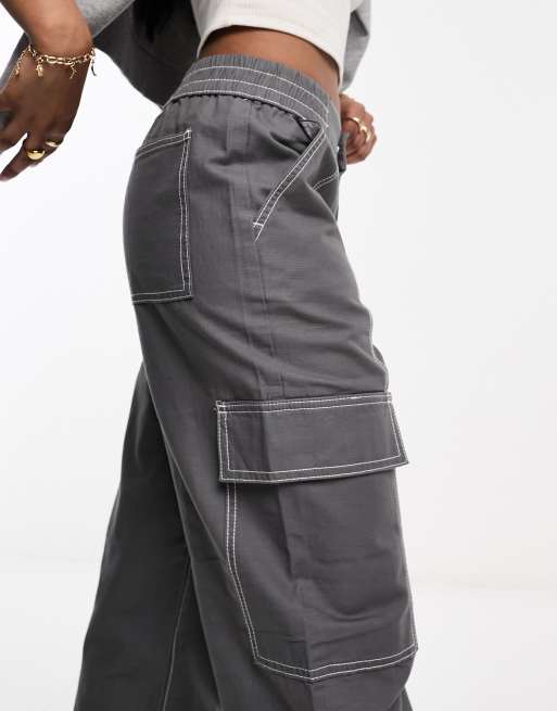 Bershka wide leg contrast stitch cargo in grey, ASOS