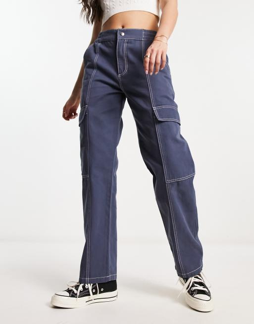 ASOS DESIGN ultra flare cargo pants in black with contrast stitch