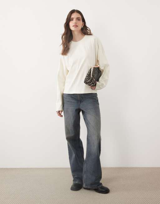 ASOS DESIGN seam detail crew neck long sleeve in cream, 3 of 4