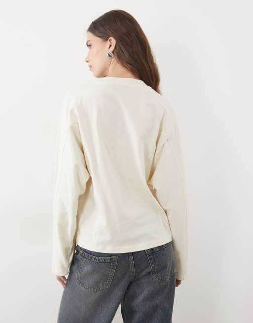 ASOS DESIGN seam detail crew neck long sleeve in cream, 4 of 4