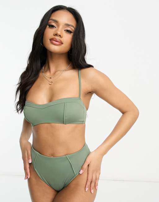 ASOS DESIGN seam detail crop bikini top in khaki