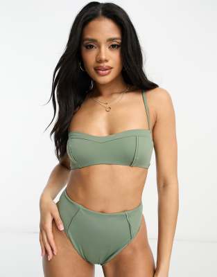 Asos Design Seam Detail High Leg High Waist Bikini Bottom In Khaki-green