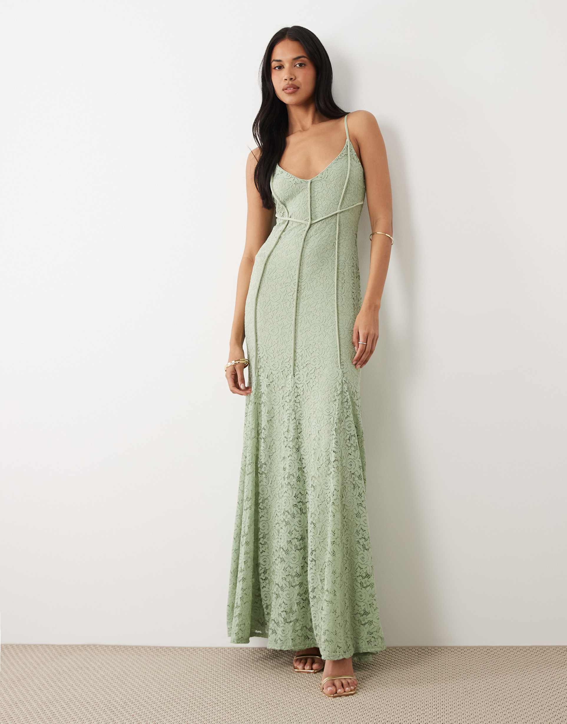 asos design seam detail lace cami maxi dress with godets in sage green