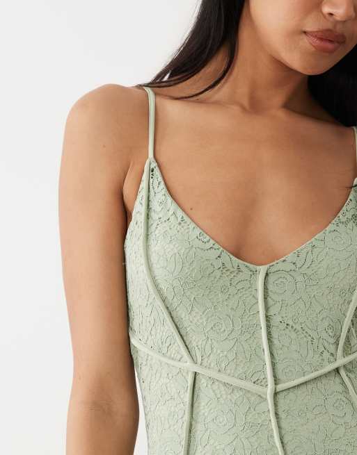 ASOS DESIGN seam detail lace cami maxi dress with godets in sage green |  ASOS