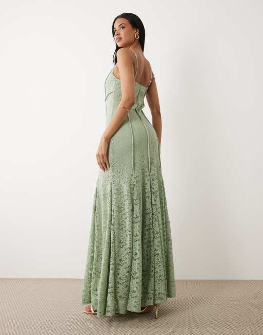 ASOS DESIGN seam detail lace cami maxi dress with godets in sage green