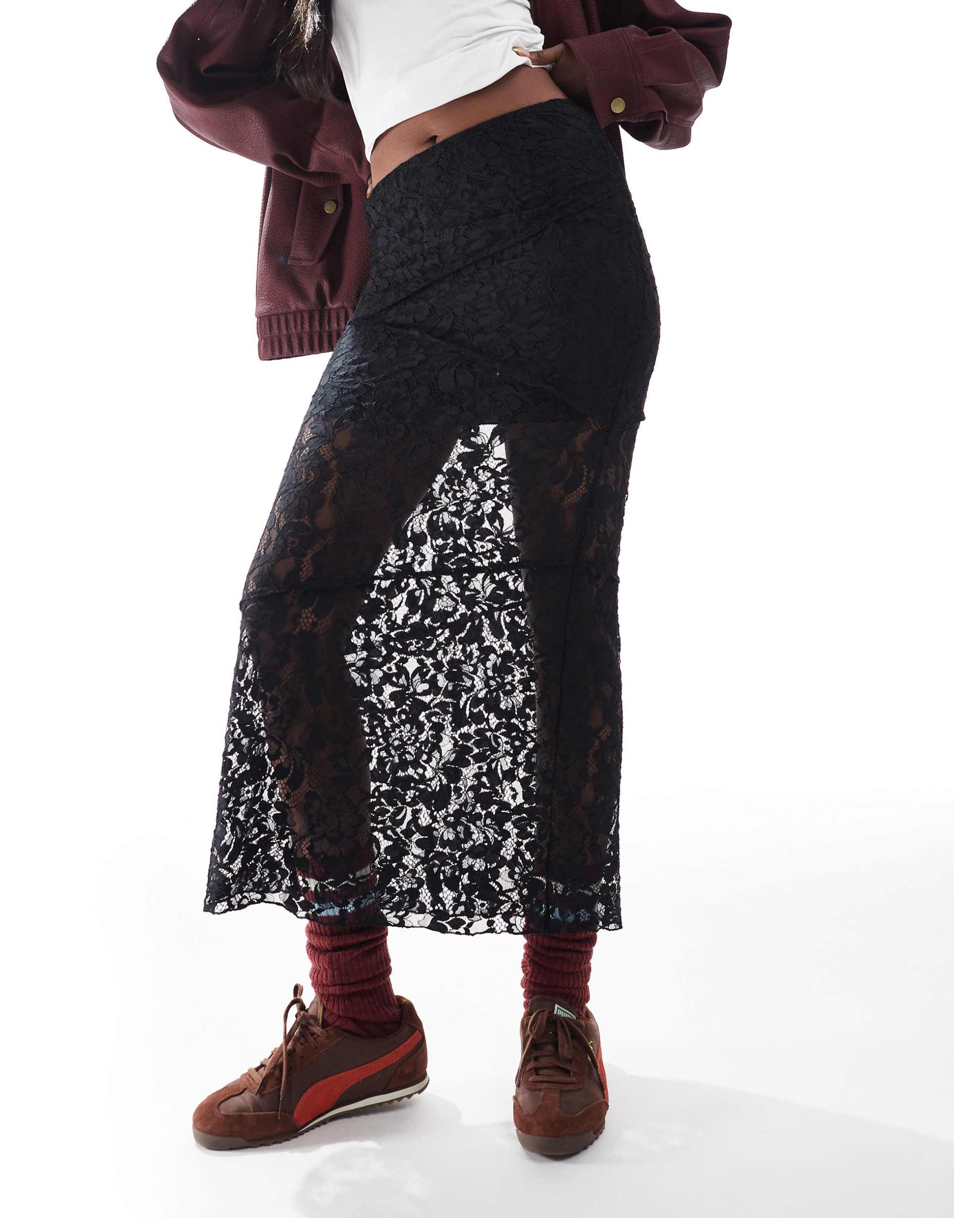 asos design seam detail lace maxi skirt with mini lining in black