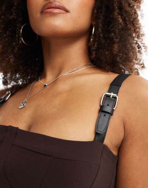 ASOS DESIGN seam detail midi dress with buckle straps in chocolate, 2 of 4