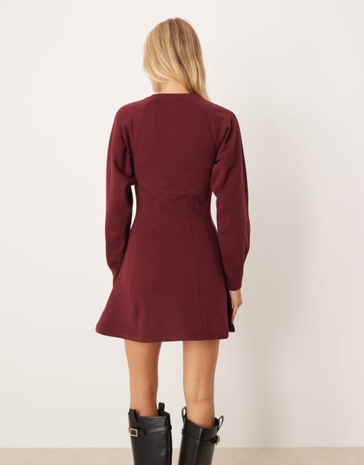 ASOS DESIGN corset waist cotton sweatshirt mini dress in burgundy