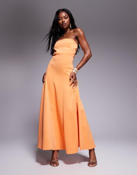 ASOS DESIGN seam detail scuba bandeau midi dress with full hem in orange - view 1