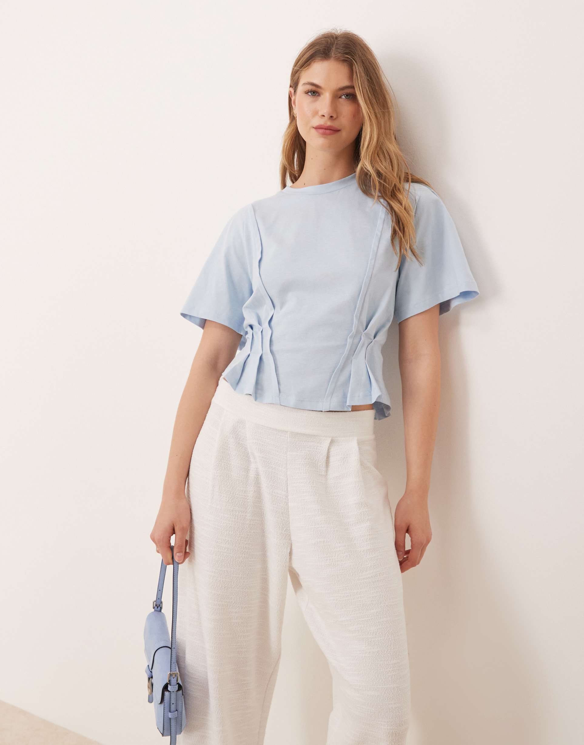 asos design seam detail short sleeve corset waist t-shirt in baby blue