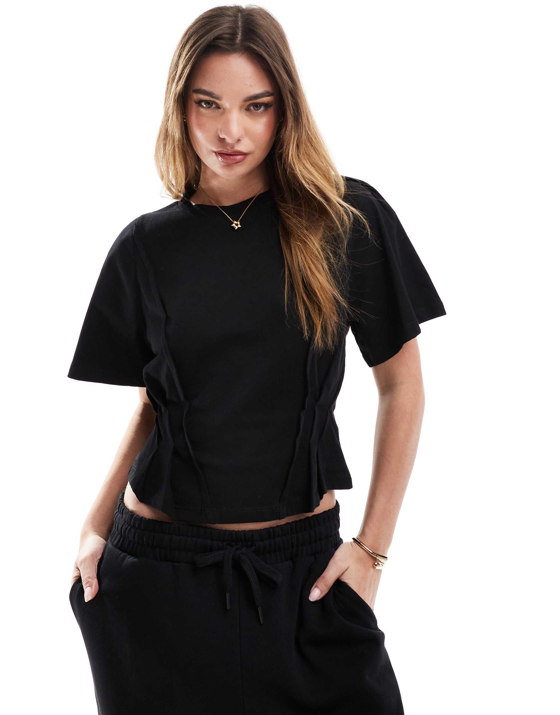 asos design seam detail short sleeve corset waist t-shirt in black