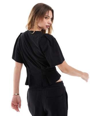 ASOS DESIGN seam detail short sleeve corset waist T-shirt in black