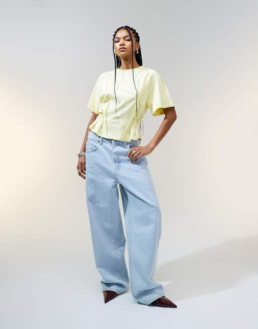 ASOS DESIGN - T-shirt met naden, korte mouwen en korset taille in zachtgeel