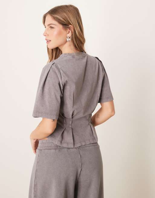 ASOS DESIGN seam detail short sleeve corset waist T-shirt in washed gray