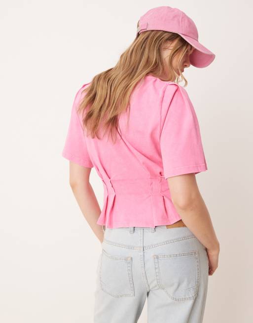 ASOS DESIGN seam detail short sleeve corset waist t-shirt in washed pink