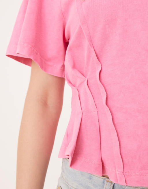 ASOS DESIGN seam detail short sleeve corset waist t-shirt in washed pink