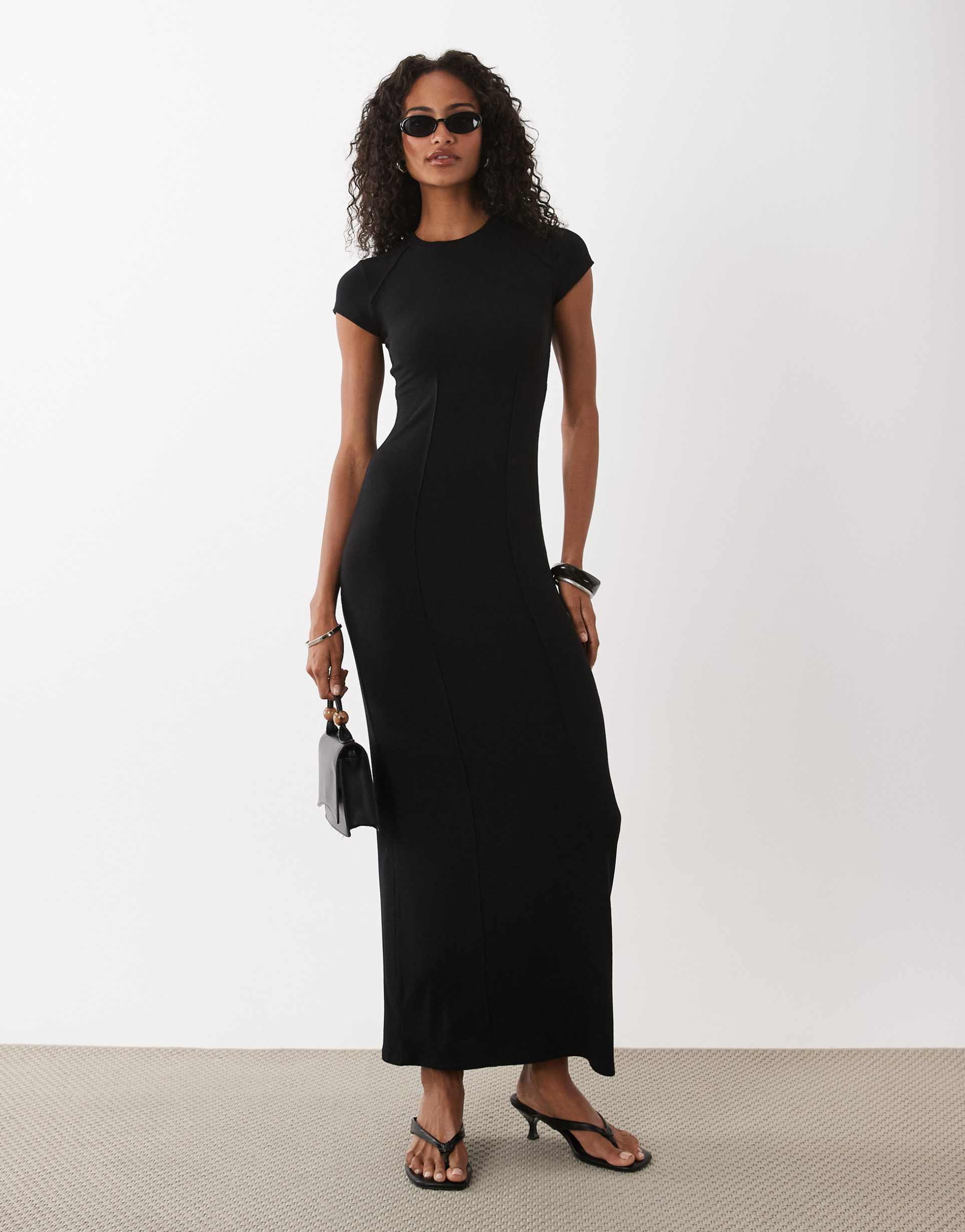 asos design seam detail short sleeve midi dress in black