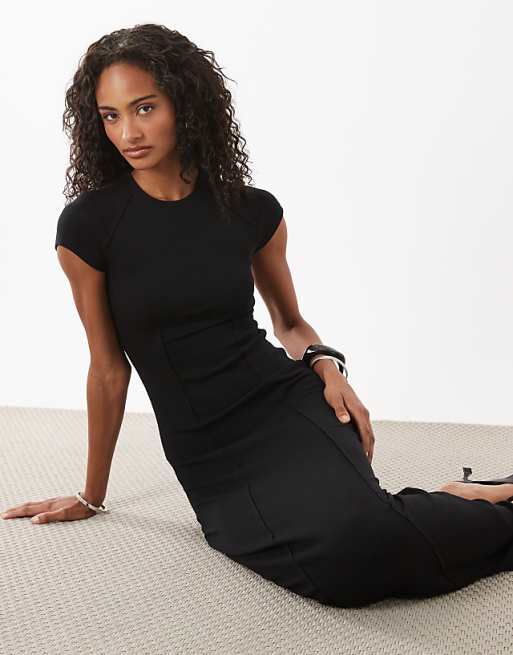 short sleeve midi dress black Women's Lexi Fit & Flare | calf length Superlight bias-cut short-sleeve midi dress