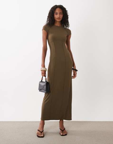 ASOS DESIGN seam detail short sleeve midi dress in khaki - view 1