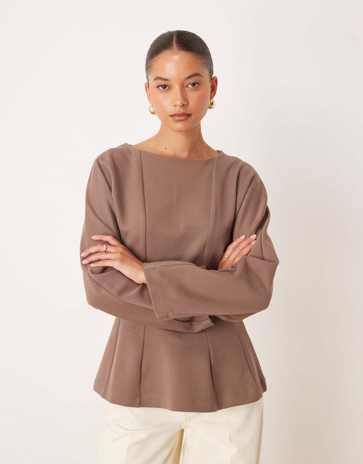ASOS DESIGN seam detail waisted long sleeve tee in chocolate