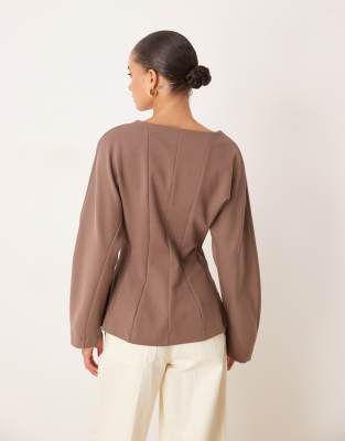 Asos Design Seam Detail Waisted Long Sleeve Tee In Brown