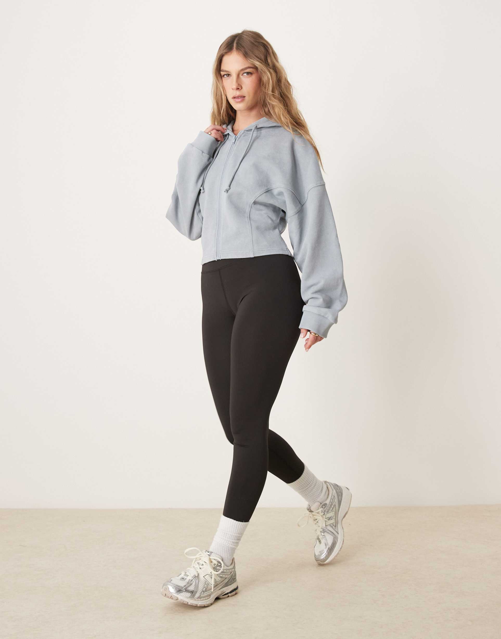 asos design seam detail zip through hoodie in blue washed blue