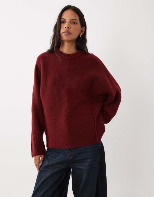ASOS DESIGN seam detailing batwing sleeve sweater in red, 3 of 4
